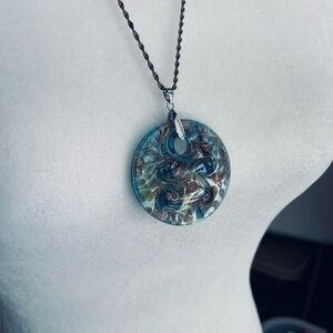 Glass gold & blue swirled pendant w/ Sterling Silver Necklace